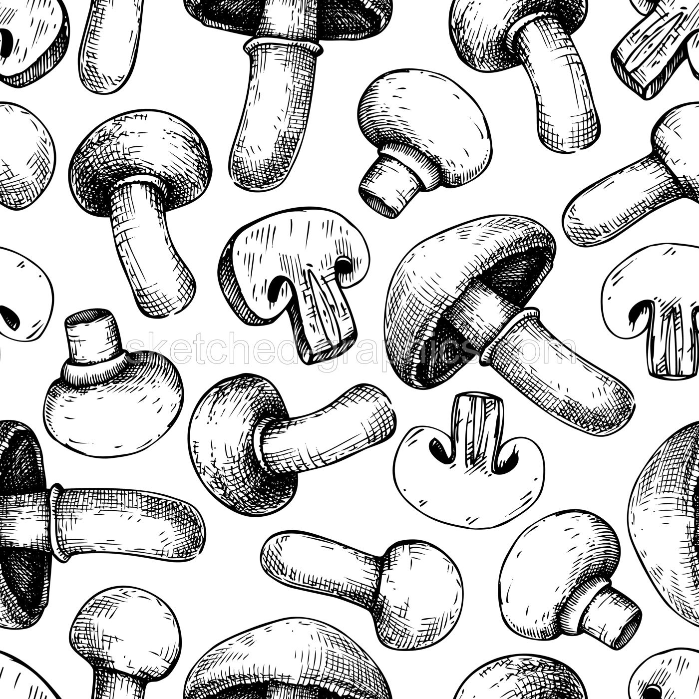 Champignon seamless pattern. Edible mushrooms background. Hand-drawn vector illustration. Mushroom sketch. Not AI generaten Illustration